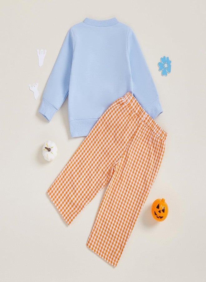 Mieeyali Toddler Baby Boy Halloween Outfits Pumpkin Sweatshirt Pullover Tops Shirt Gingham Pants Set Fall Clothes (Blue, 6-12 Months) - Image 4